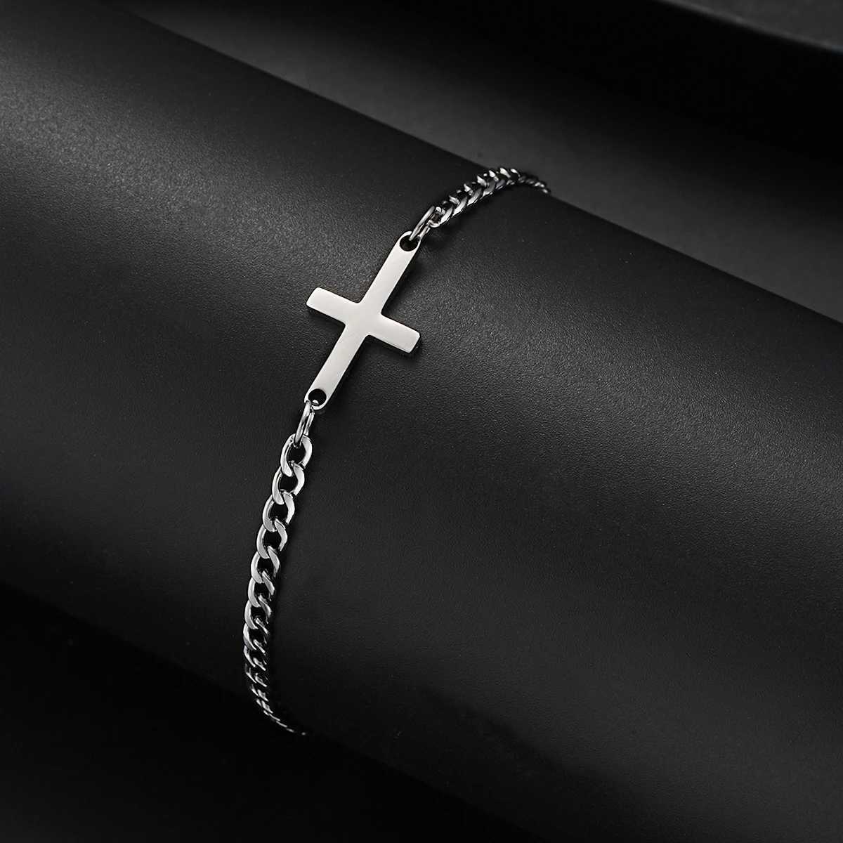Simple Mens Stainless Steel Cross Cuban Bracelets Punk Silver Color Charm Bracelet Fashion Hip Hop Daily Jewelry Accessory 2025 W250904