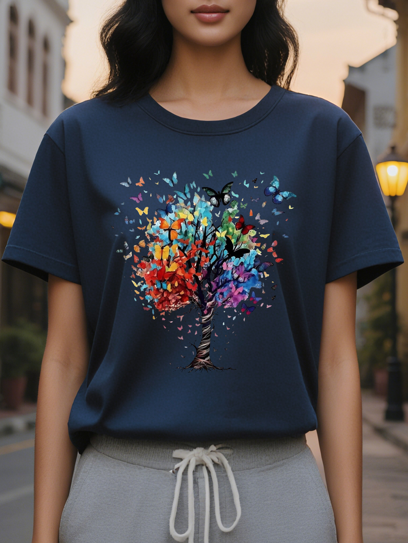 Butterfly pattern round neck short sleeve T-shirt suitable for spring and summer casual women's clothing