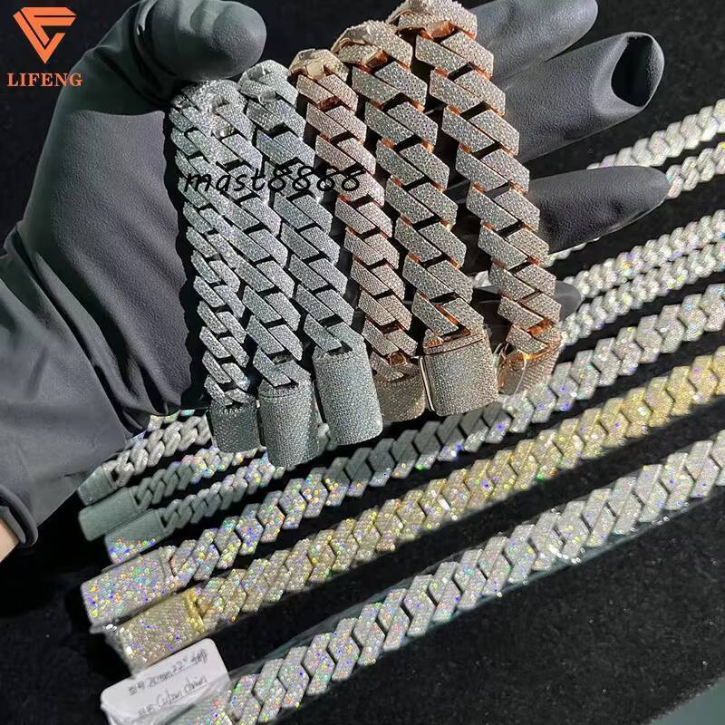 Mens 925 Sterling Silver Hip Hop Cuban Chain BraceletNecklace Set WhiteRose Gold 925 VVS Moissanite Necklaces