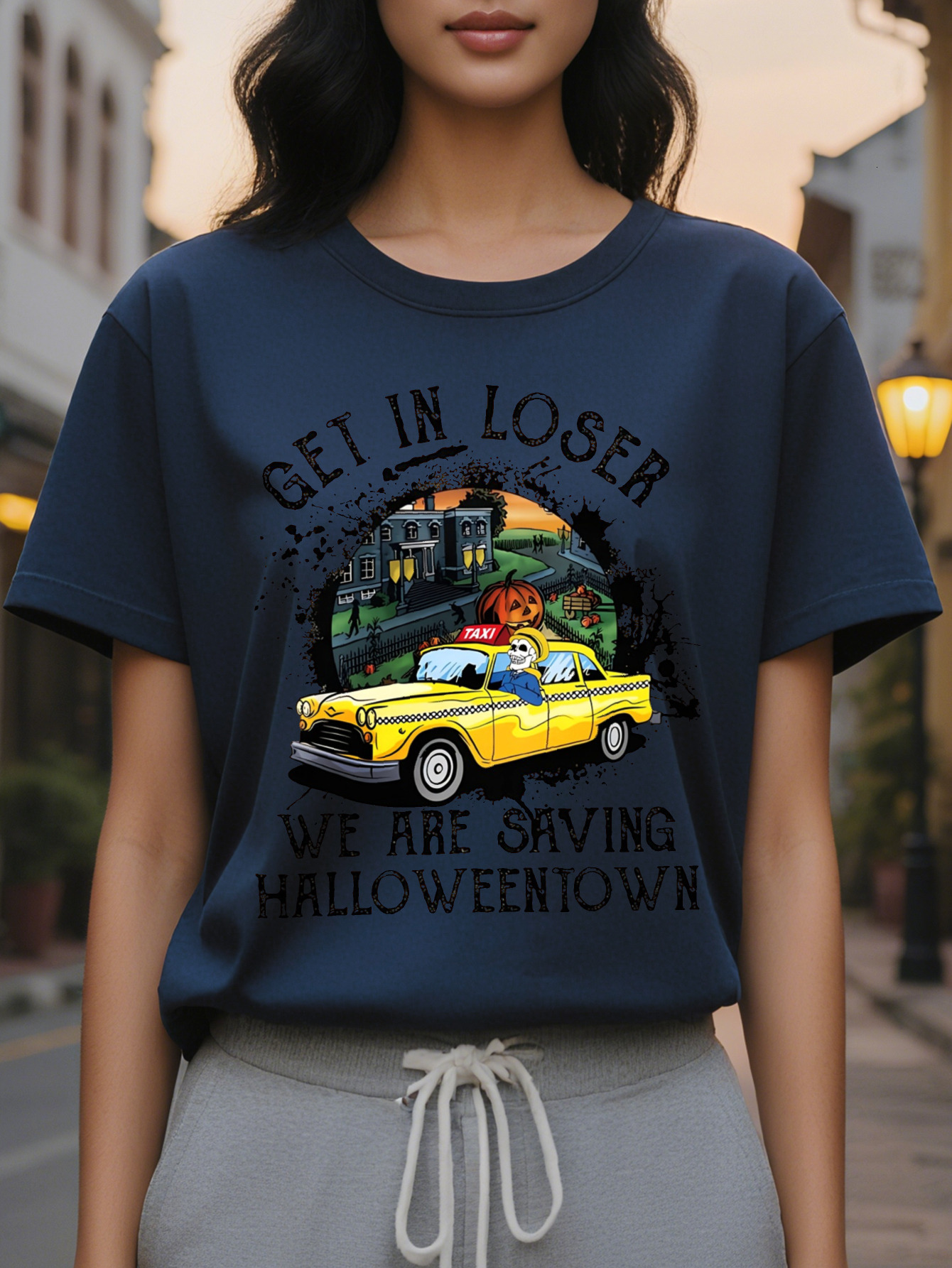 Halloween Printed Women's Spring and Summer Fitted Round Neck T-Shirt