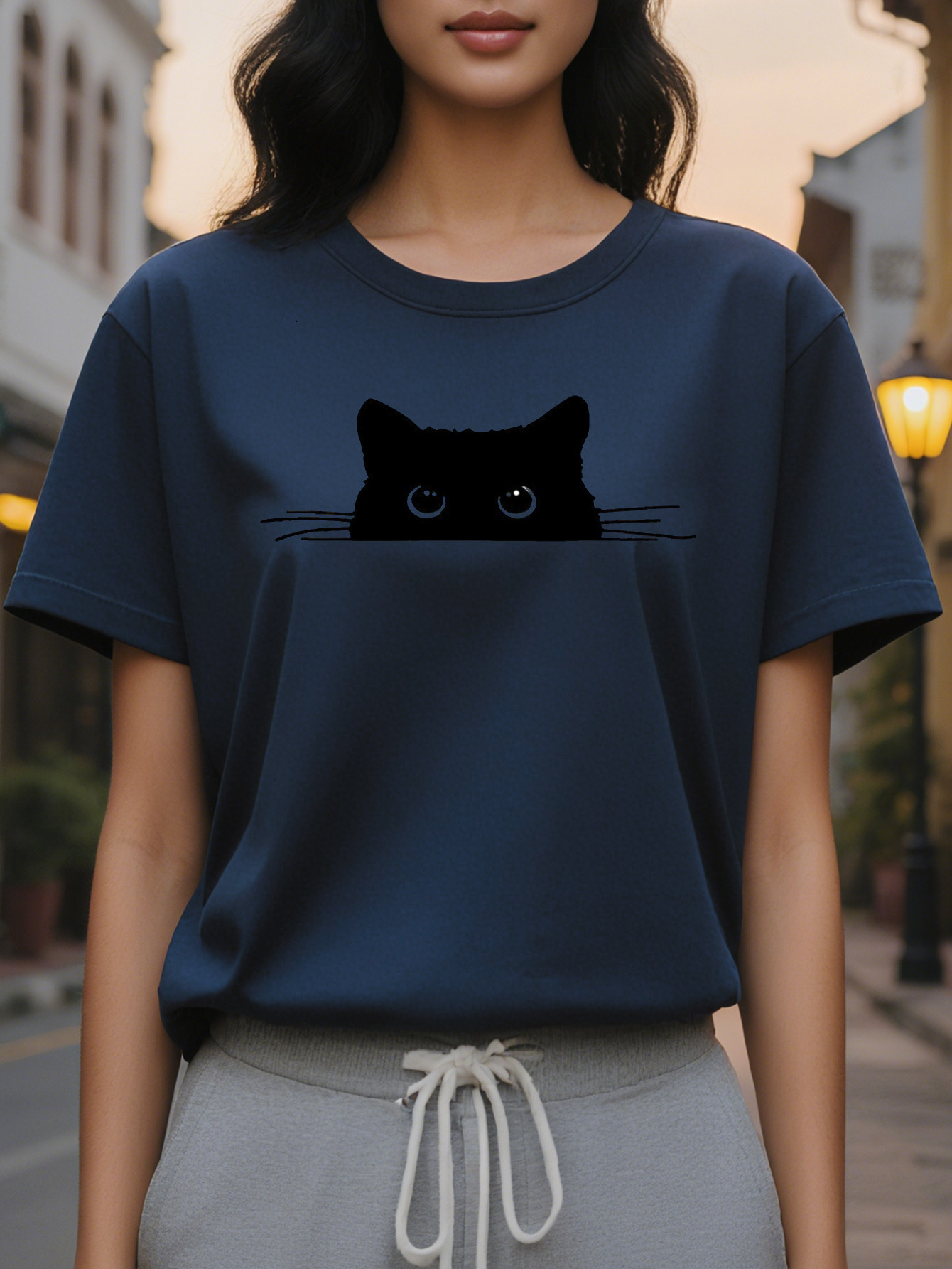 Cat Print T-Shirt Short Sleeve Round Neck Casual Top Summer And Spring Women