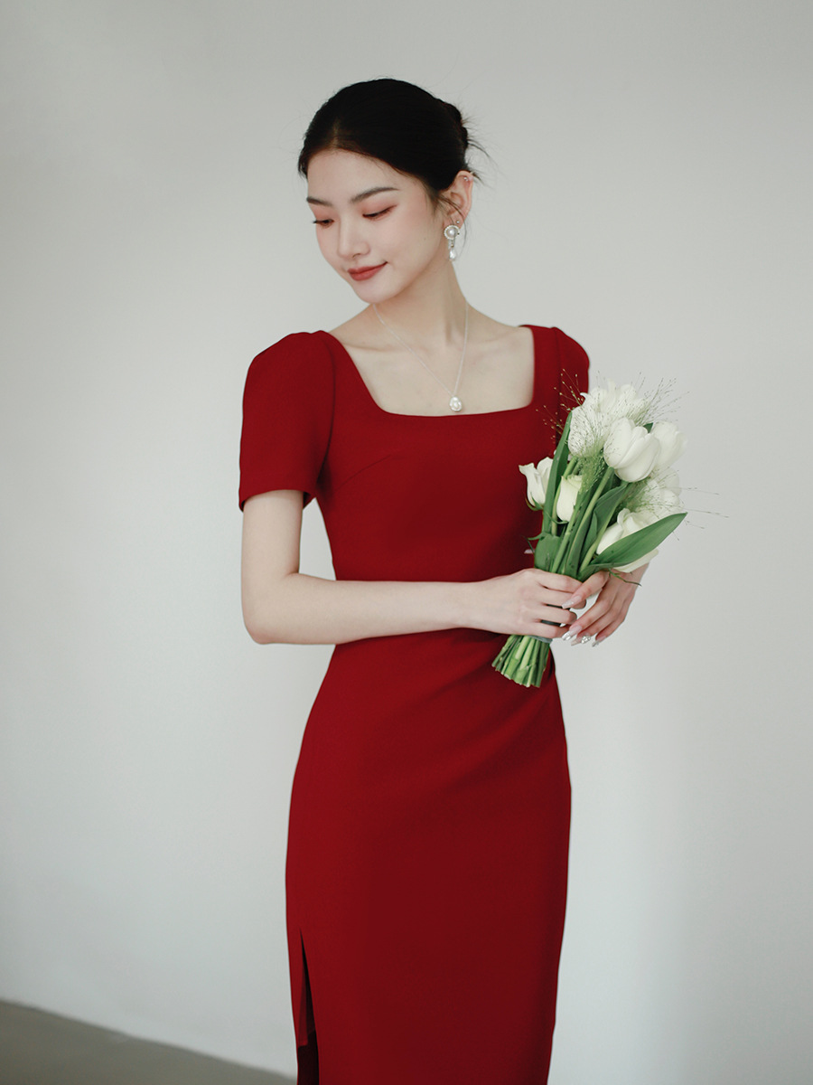 SL130 French style mini dress with square neck, short sleeves and slim fit