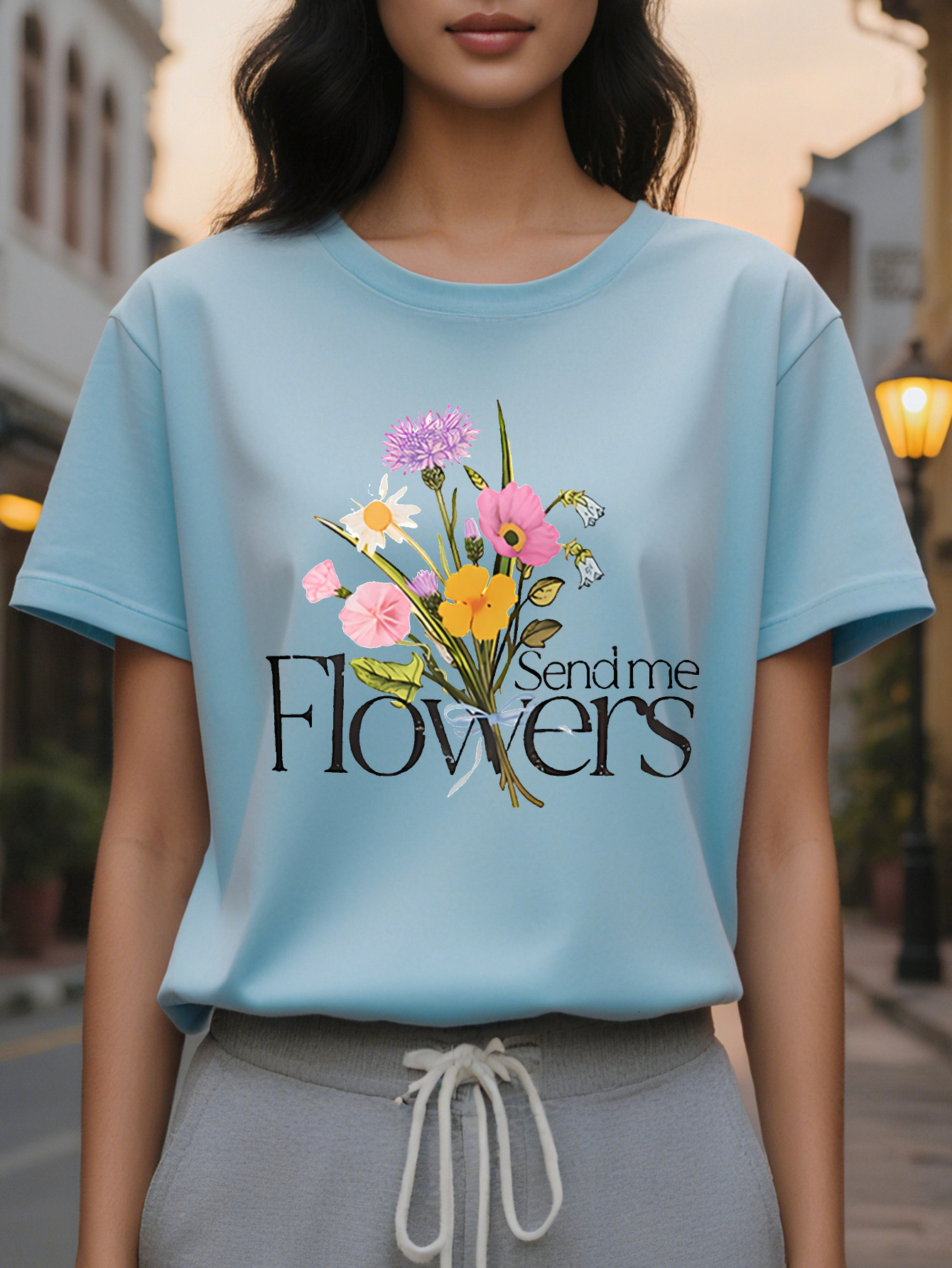 FLOWERS American Printed Pattern Spring and Summer New Fashion Round Neck T-shirt Slim Fit Slimming Women's