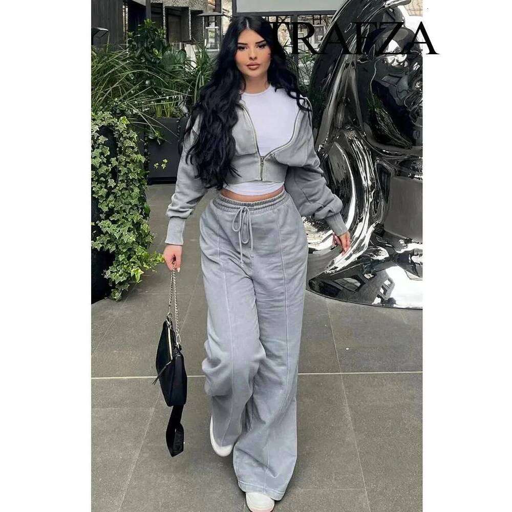 TRAFZA Women Hoodie Pant Sets Fashion Zipper Pocket Long Sleeve Casual Jacket Coat Woman Loose Elastic Waist Drawstring Trousers