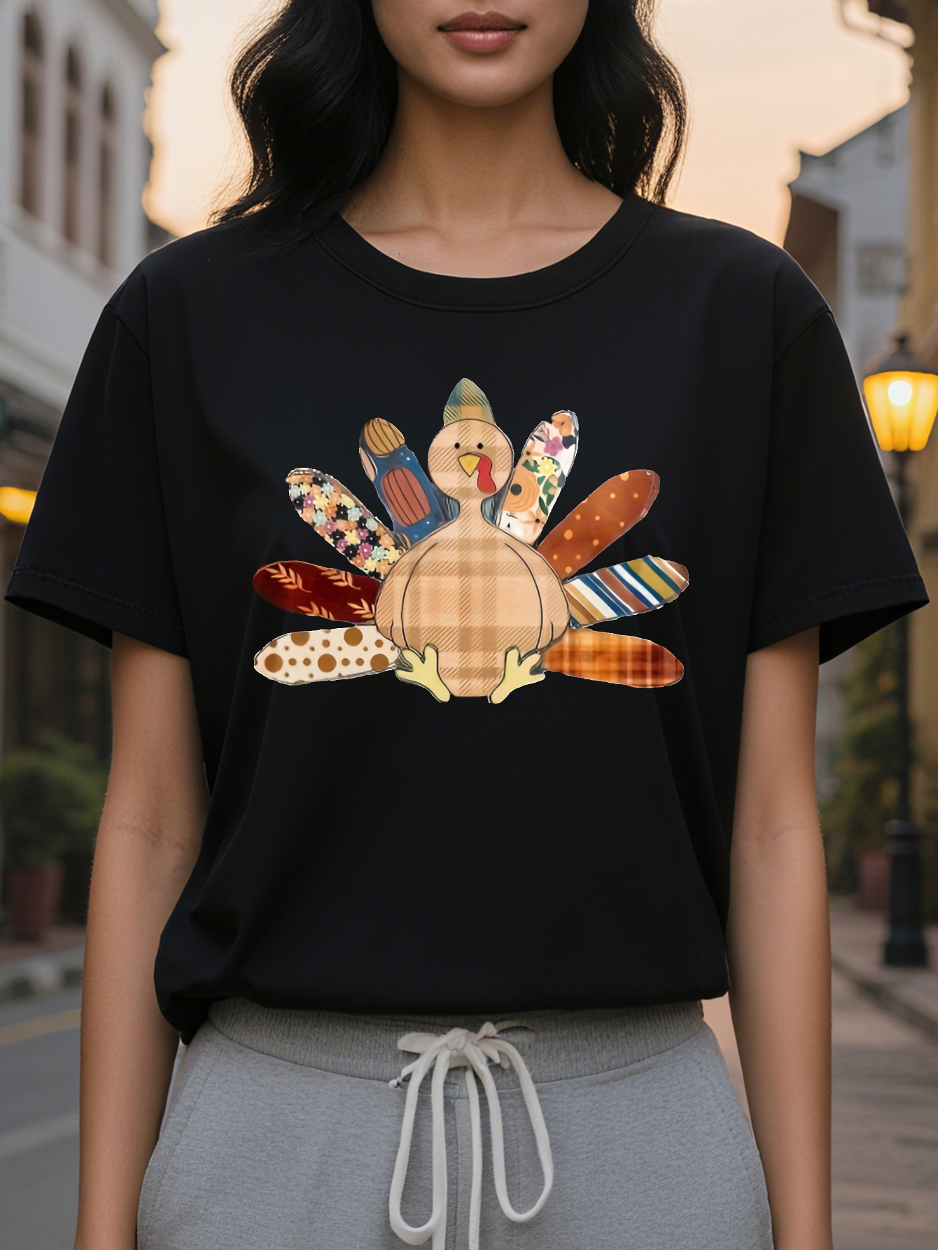 Large XL Women S Turkey Graphic T-Shirt Dark Gray with Orange Accents Casual Fall Tops Thanksgiving Dinner Outfits Soft Plus Size