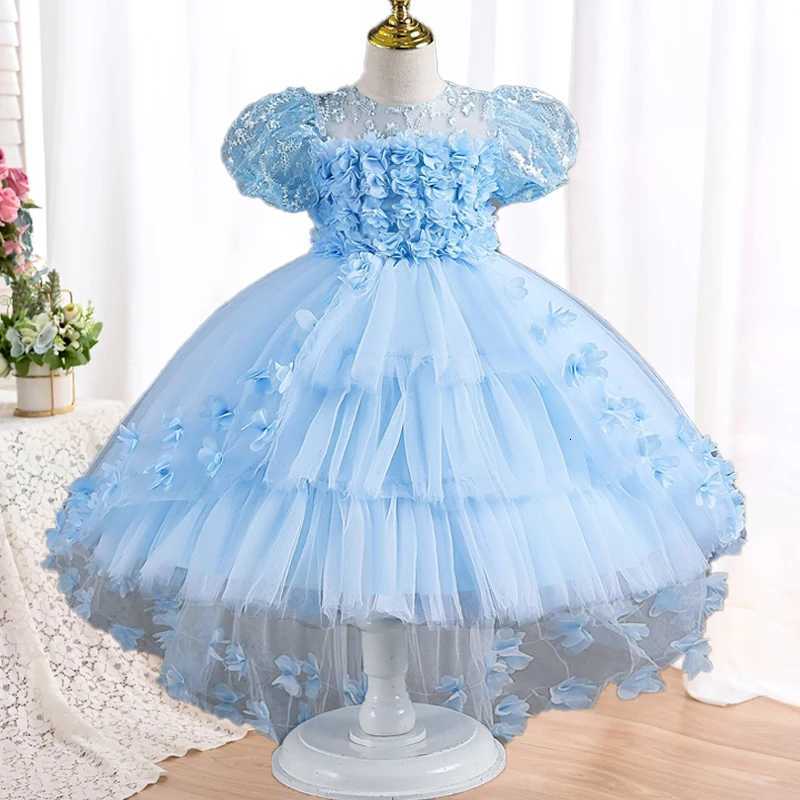New Birthday Party Ball Girl Princess Dress Lace Petals Wedding Dress Princess Dress Girl Tail Childrens Elegant Evening Dress Z250904