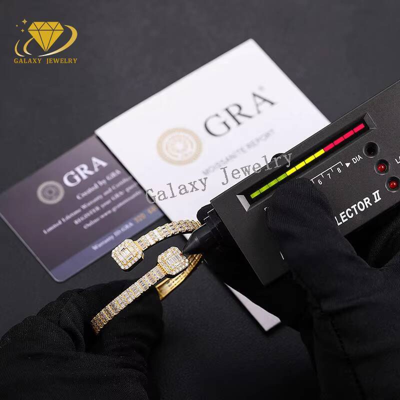 New Custom Hip Hop Jewelry Pass Diamond Tester 925 Silver Vvs Moissanite Iced Out Baguette Tennis Bangle Bracelet