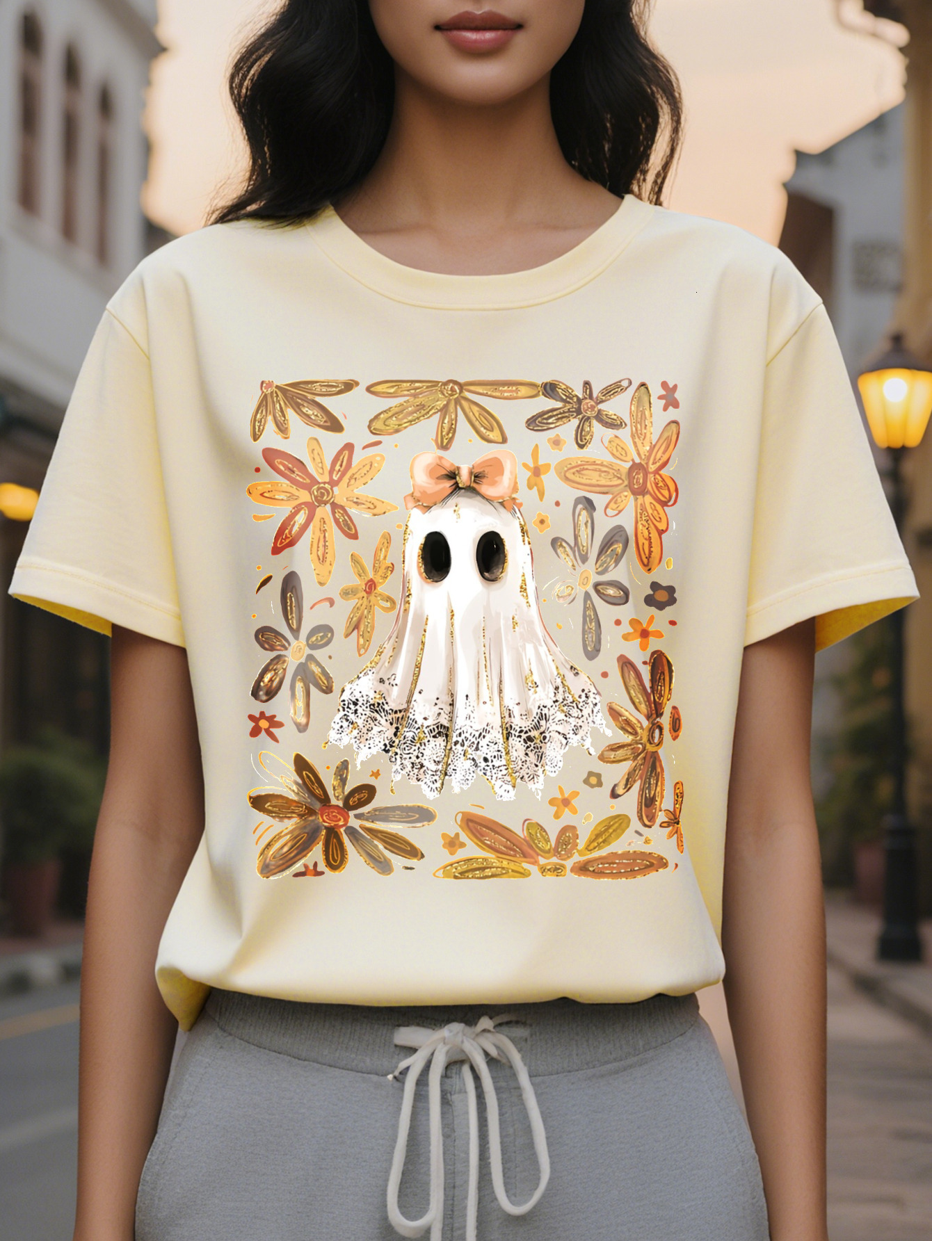 Women S T Shirt Spooky Ghosts Pumpkins Floral Print Black Background with Orange Accents Loose Fit Casual Party