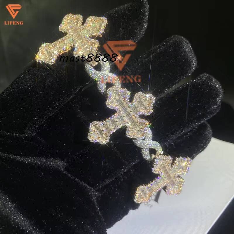 Custom Cross Baguette Cut Bracelets D VVS1 Moissanite 925 Silver Excellent Cut Hip Hop Style Men Two Tone Diamond Pearl