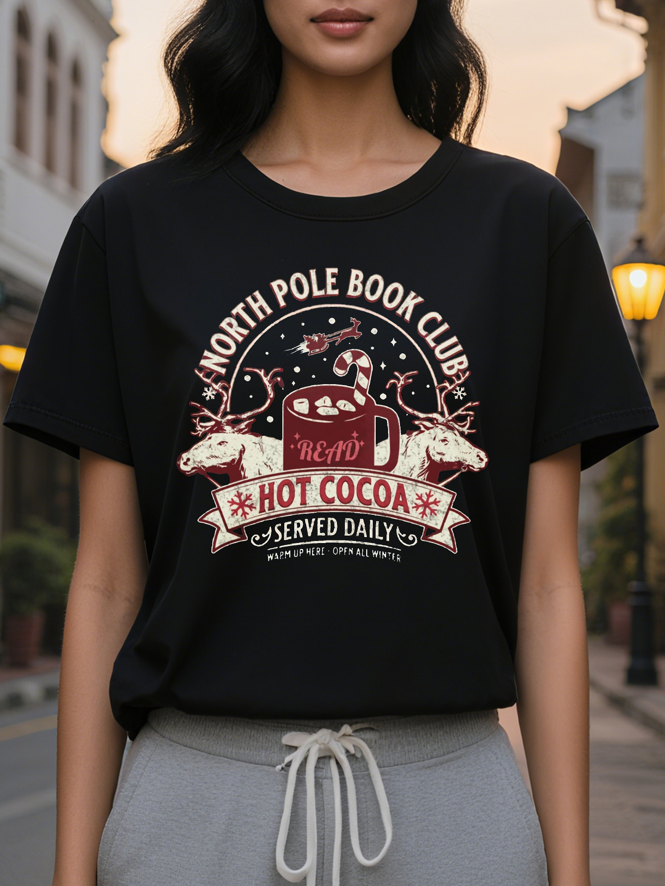 Large XL Women's Graphic T-Shirt North Pole Book Club Hot Cocoa Served Daily Vibrant Green Casual Round Neck Tee Plus Size