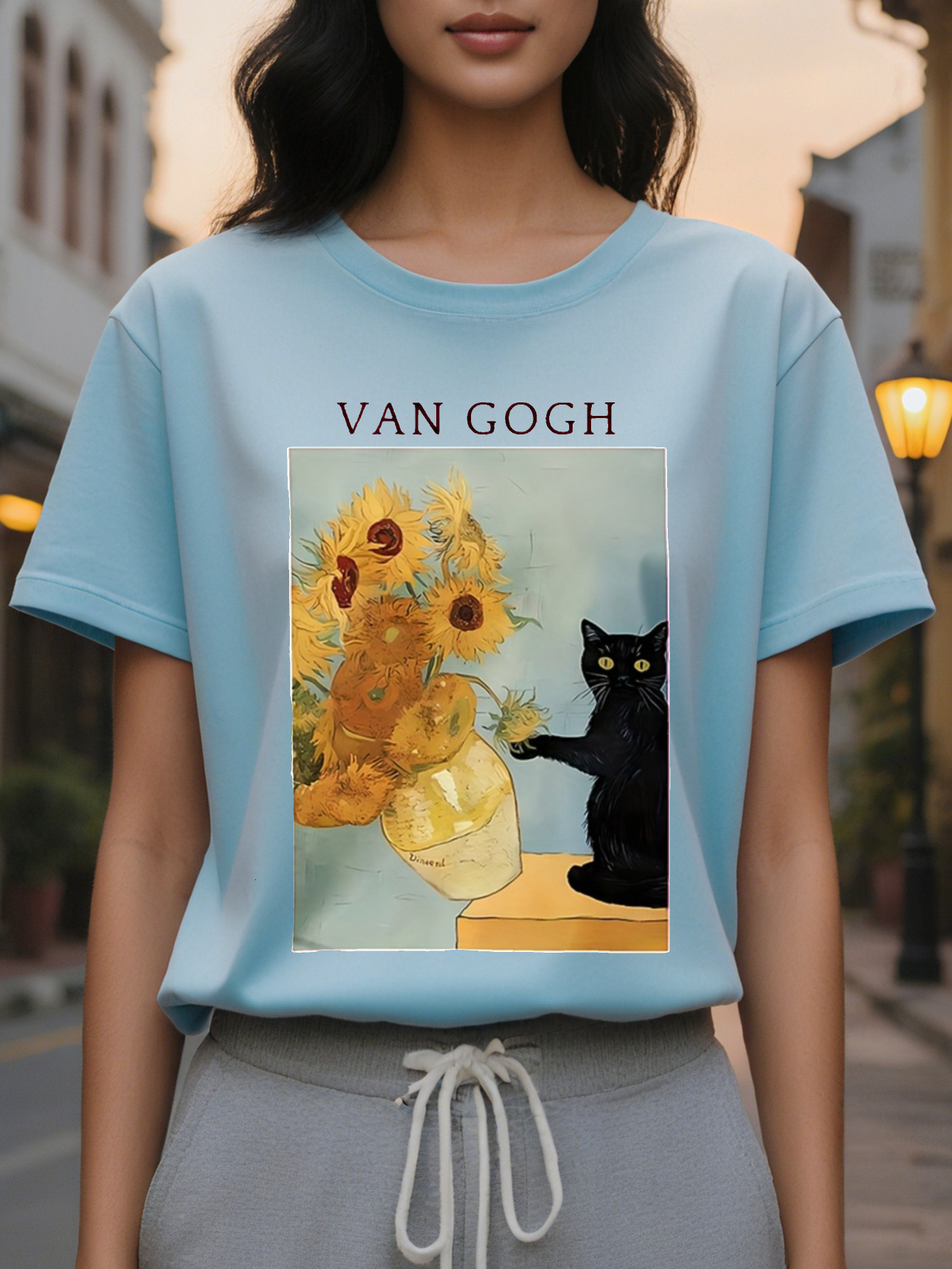 Women's Inspired Pink T-Shirt Translucent Round Neck Short Sleeve Top Printed with Sunset Starry Night Letters Casual