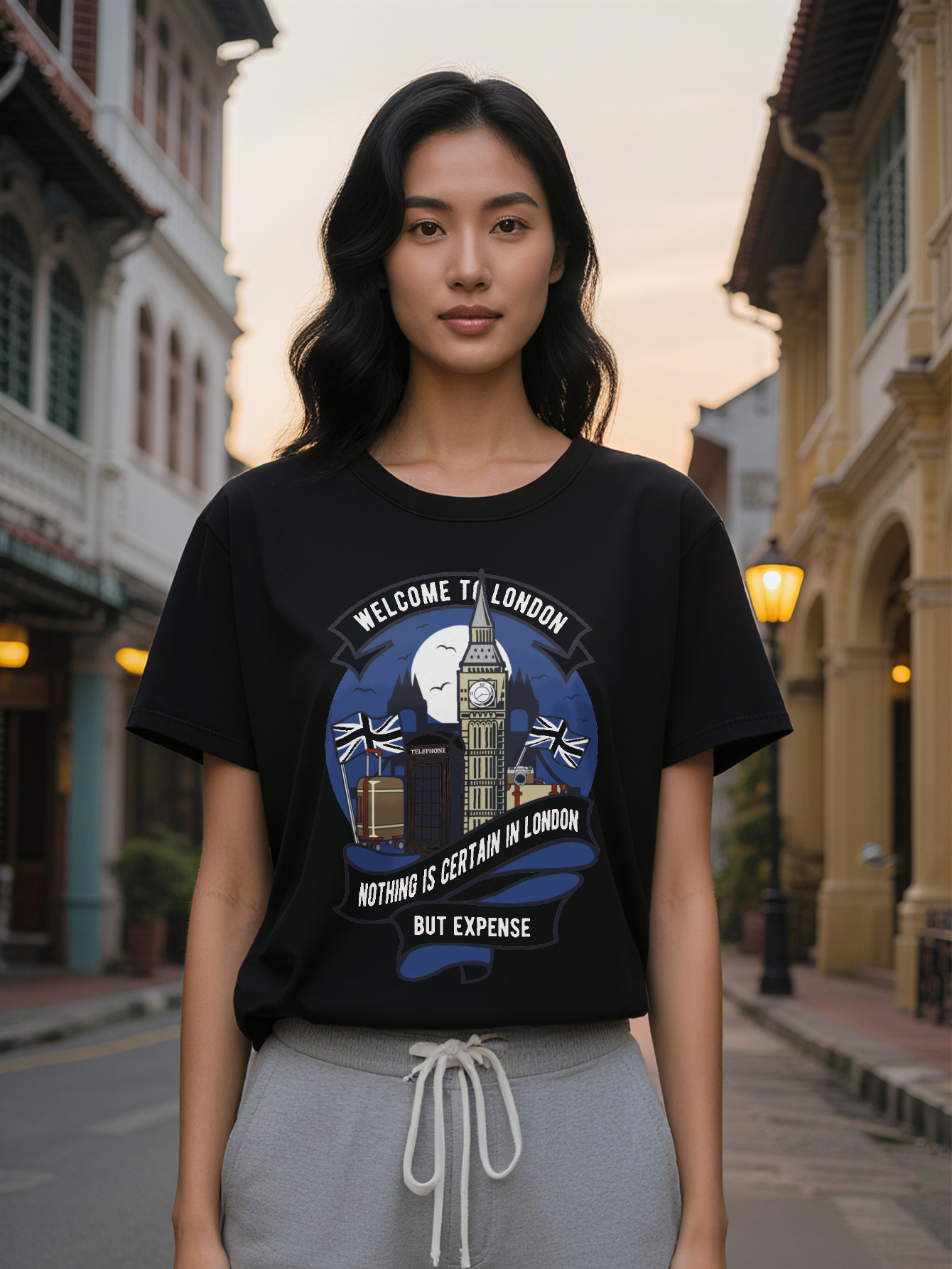 Lady Casual Crew Neck T-Shirt with Big Ben Skyline Print Welcome to London Graphic Tee Summer Wear Regular Fit