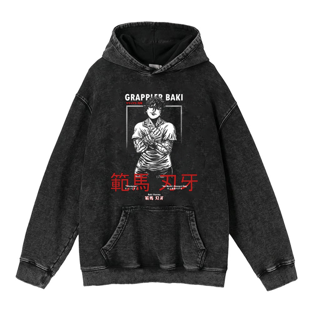 440g Heavyweight Washed Vintage Finish Baki Hanma Anime Street Retro Cotton Hoodie - TT8292