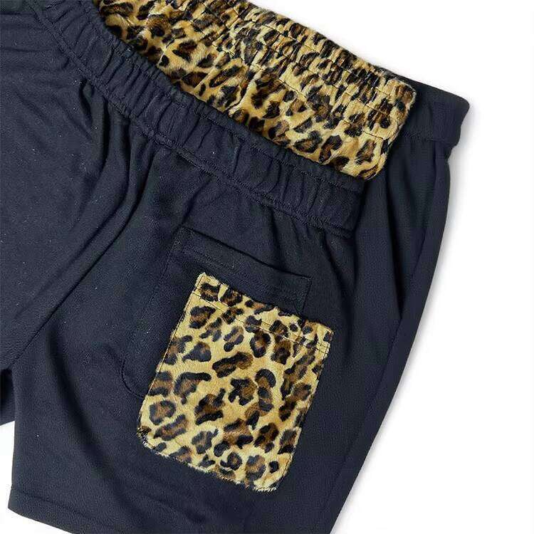 High-Quality Double Belt Shorts Leopard Print Wide-Leg French Terry Logo Streetwear Loose Sweatpants