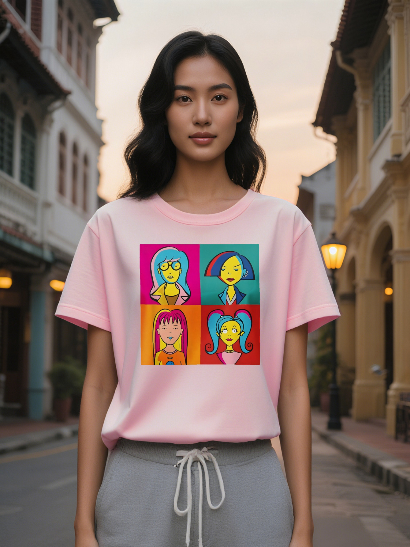 Graphic Print Round Neck T-Shirt Black with Color Cartoon Character Design Summer Breathable Tee, Washable