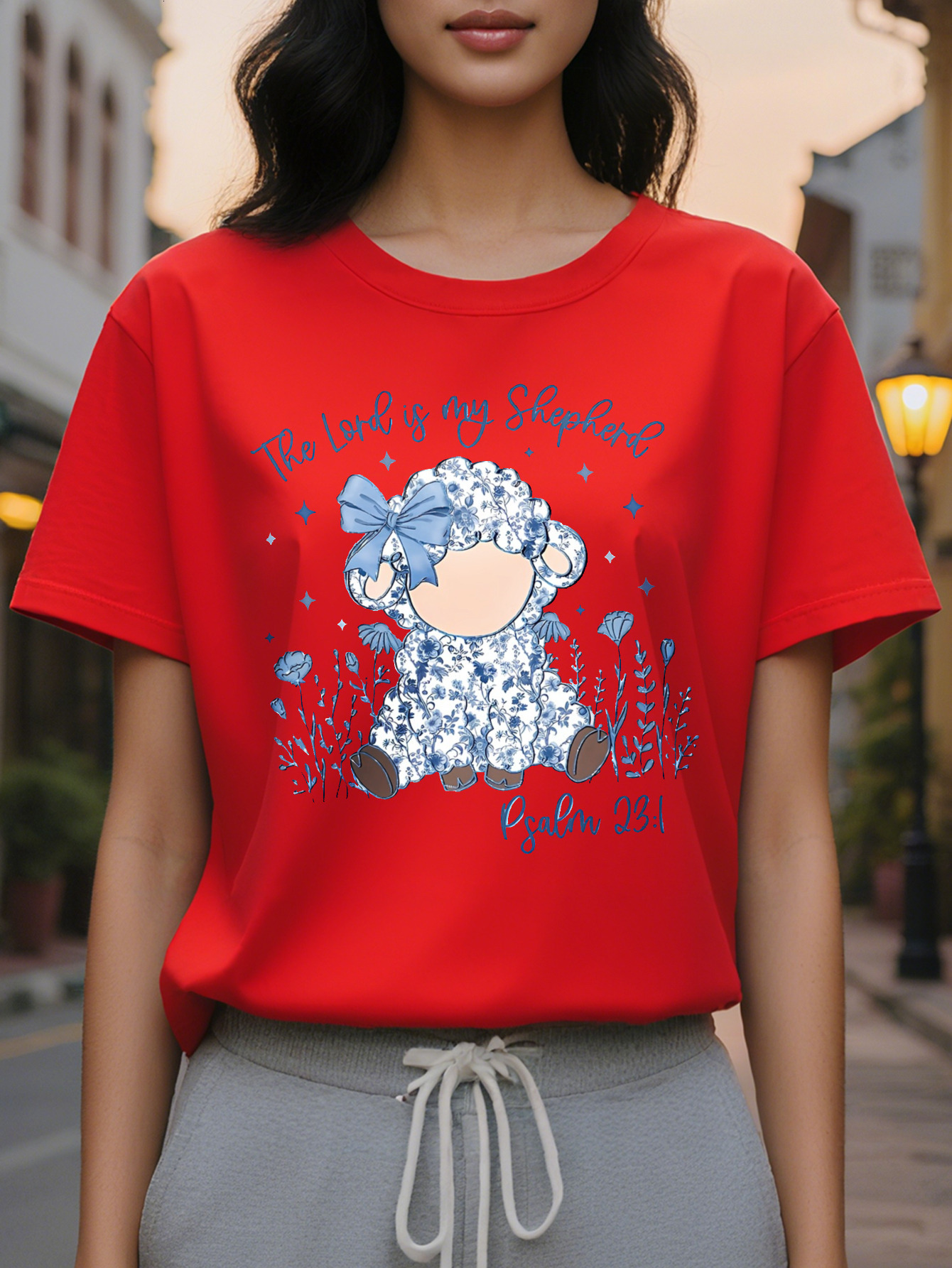Women S Light Blue The Lord is my Shepherd T-Shirt Christian Faith Graphic Short Sleeve Round Neck SpringSummer
