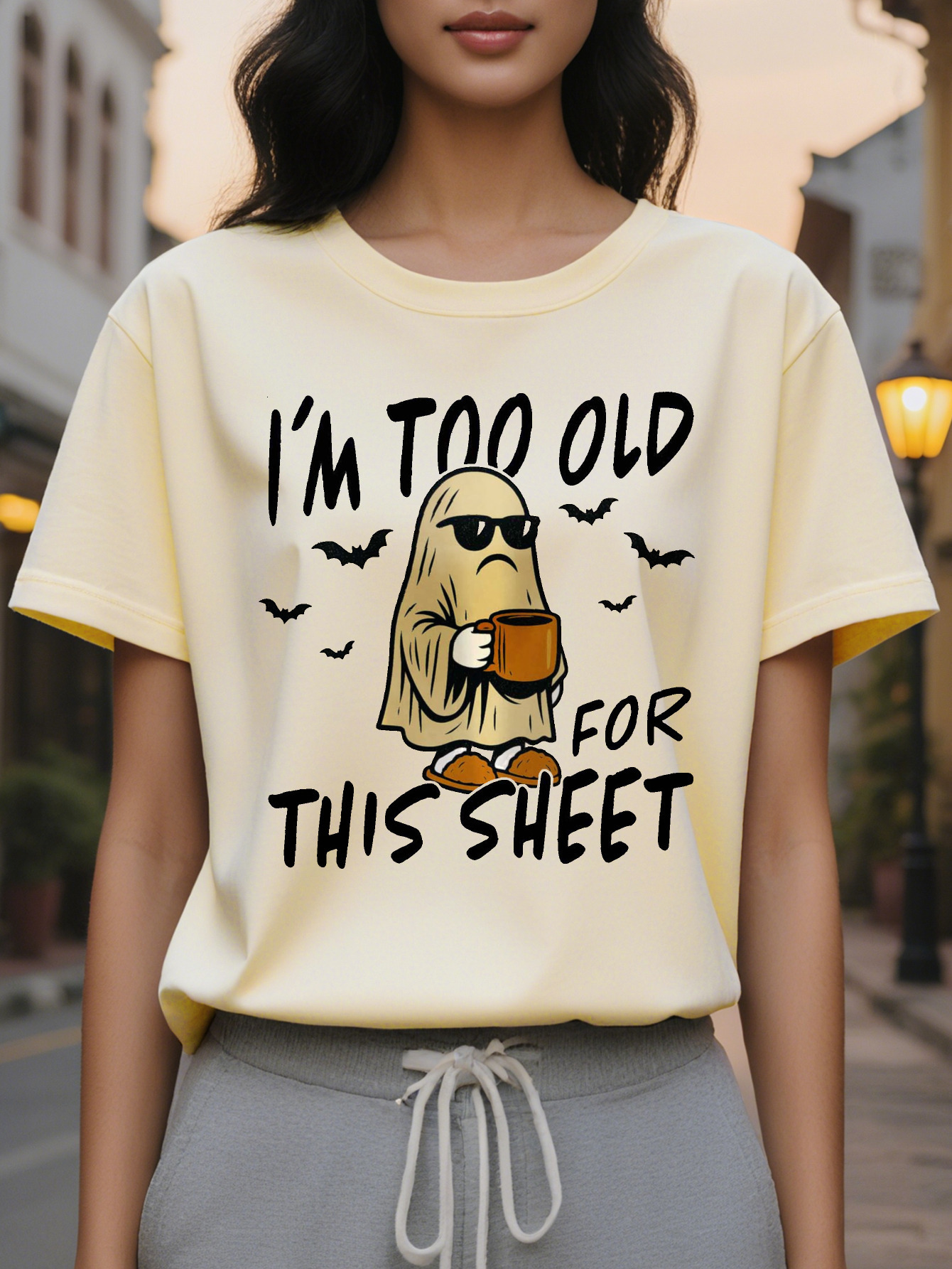 Women s I m Too Old to Fit This Sheet Pattern T Shirt White Crewneck Mystery Character Design Casual Daily and Party