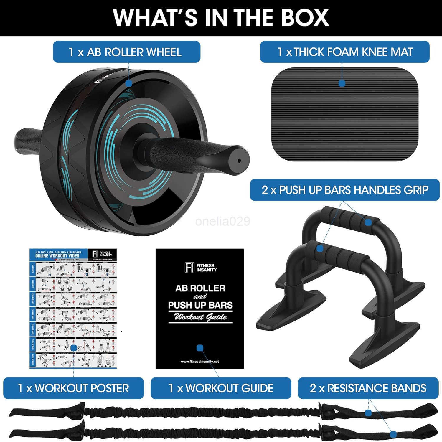 Ab Roller Wheel 6in1 Ab Roller Kit with Knee Mat PushUp Bars Resistance Bands Workout Poster Workout Guide Perfect Home Gym Equipment for Men Women Ab