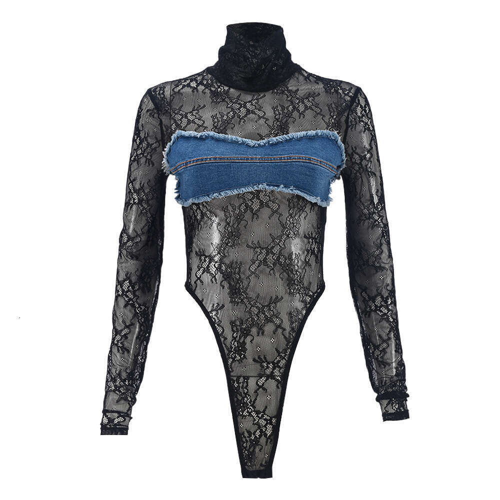 New Sexy Hot Girl Long Sleeve High Neck See-through Hollow for Women Out Denim Lace Color Block Jumpsuit