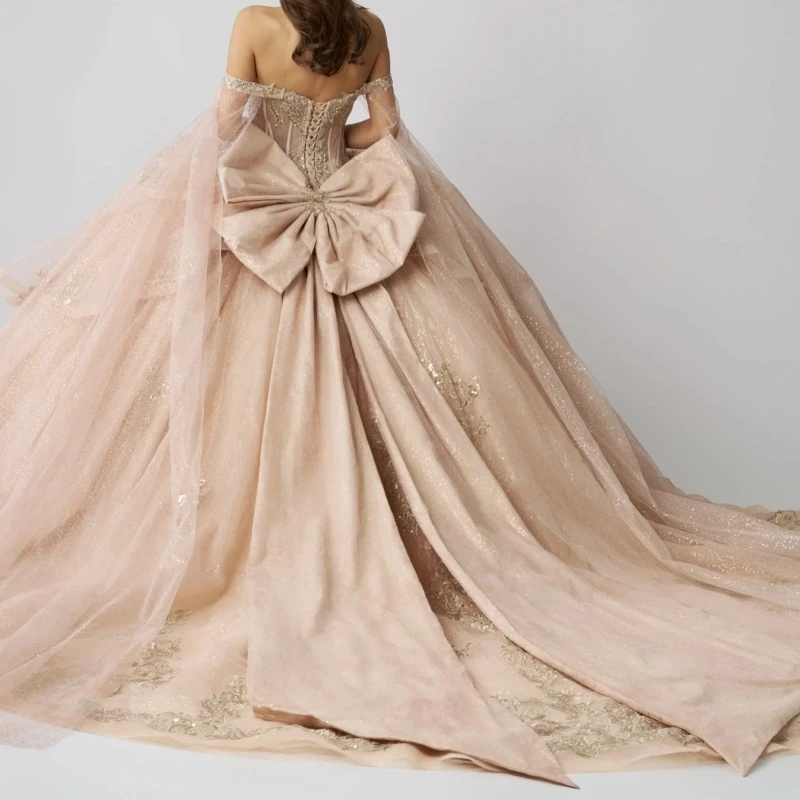 Champagne Shiny Quinceanera Dresses Ball Gown Off The Shoulder Applique Lace Beads Bow With Cape Tull Sweet 16 Dress Vestidos 15 Anos