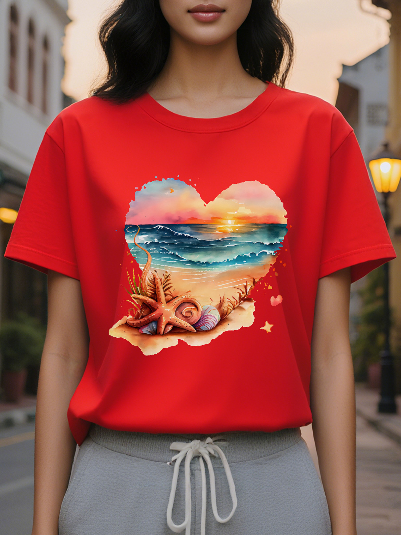 Beach Heart Shaped Short Sleeved T Shirt Ladies Round Neck Casual Top Suitable for Spring and Summer