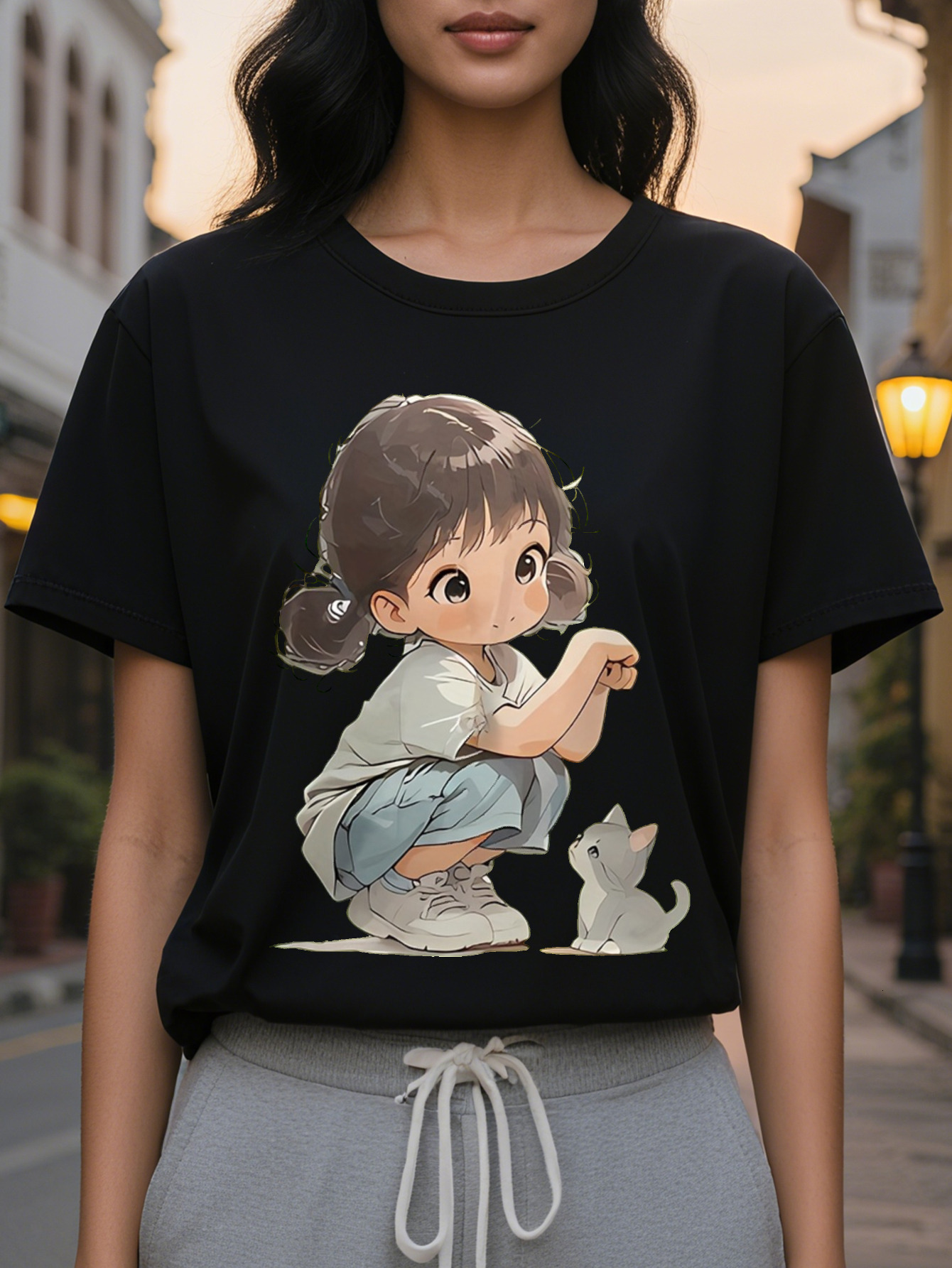 Ladies Lime Green T-Shirt Cute Cat Pattern Short Sleeve Jacket Light And Thin Daily Leisure Summer Beach Clothes Hine