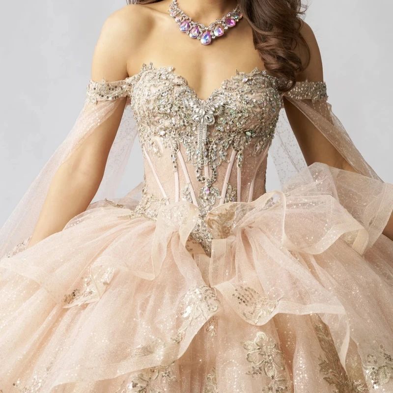 Champagne Shiny Quinceanera Dresses Ball Gown Off The Shoulder Applique Lace Beads Bow With Cape Tull Sweet 16 Dress Vestidos 15 Anos