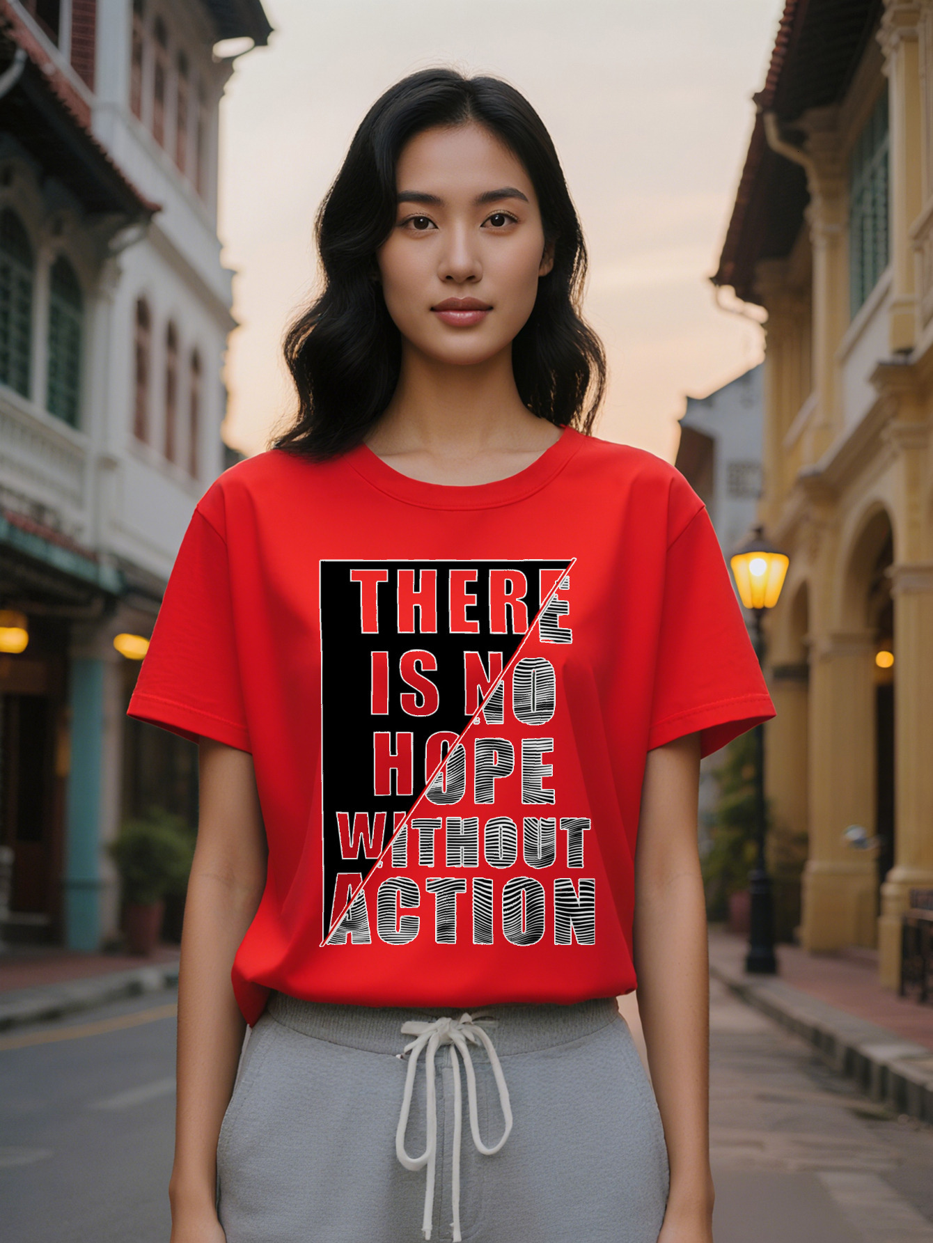 Large XL Casual Graphic T-Shirt with No Hope Without Action Motivational Print Black White Bold Lettering Round Neck Regular Plus Size