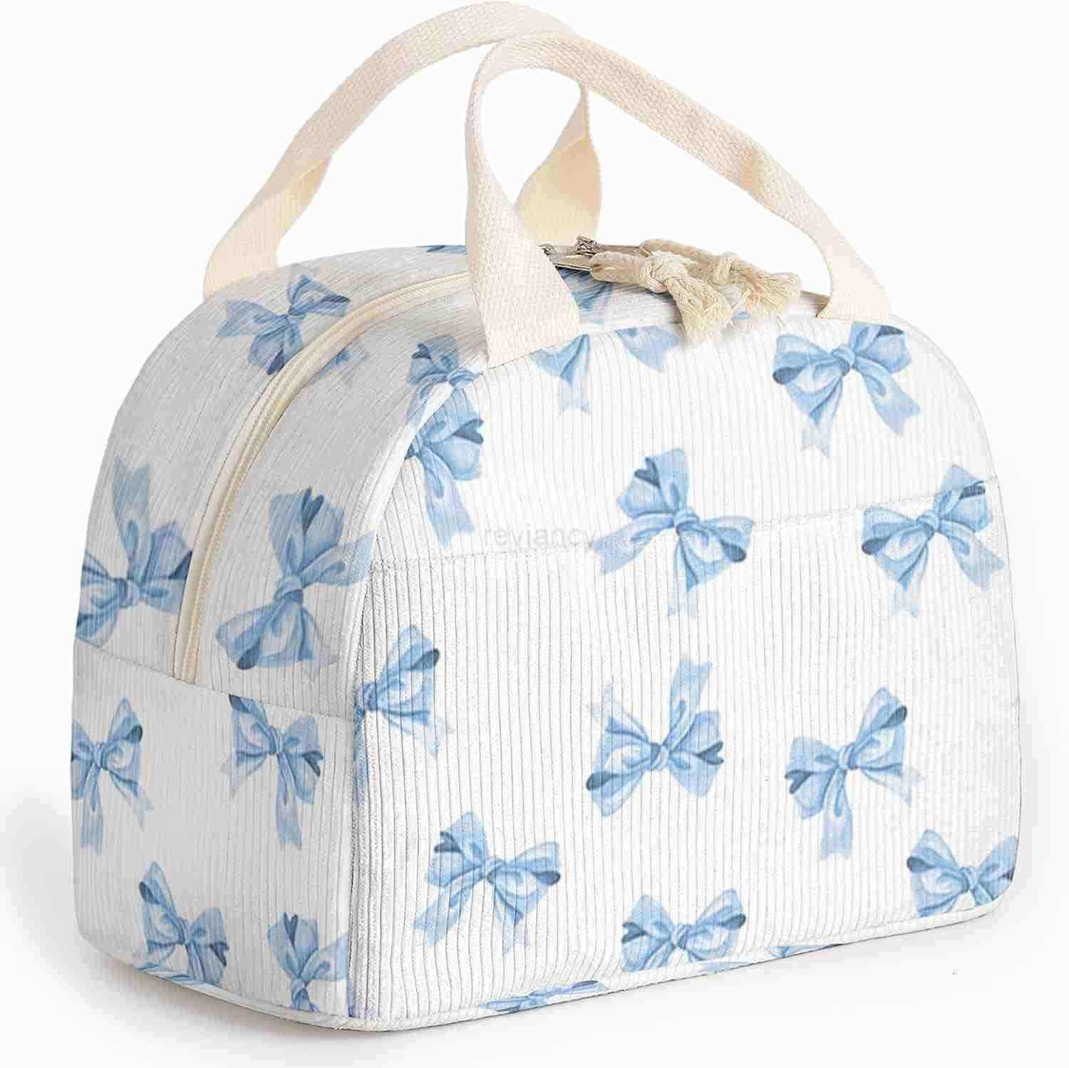 Lunch Box for Women and MenInsulated Corduroy Fabric Lunch Bags for WorkLeakproof Adults Cooler Tote Bag for OfficesPicnicTravelOutdoor Blue Bow TieW2