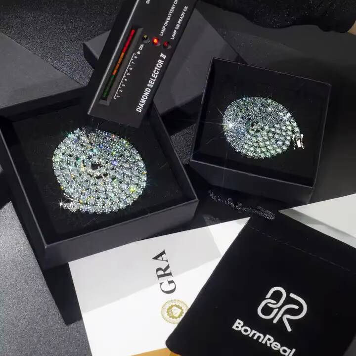 Factory Pass Tester 925 Silver Iced Out Blue Moissanite VVS Diamond Hip Hop Tennis Chain Bracelet Necklace Fine Jewelry for Men