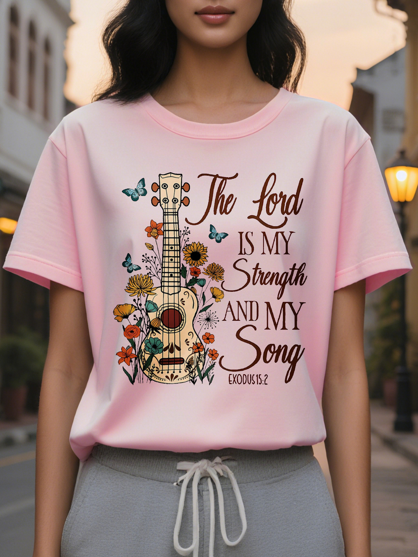 The Lord is Strength My Song Pattern T-Shirt White Short Sleeve Round Neck Top with Spring and Summer Design
