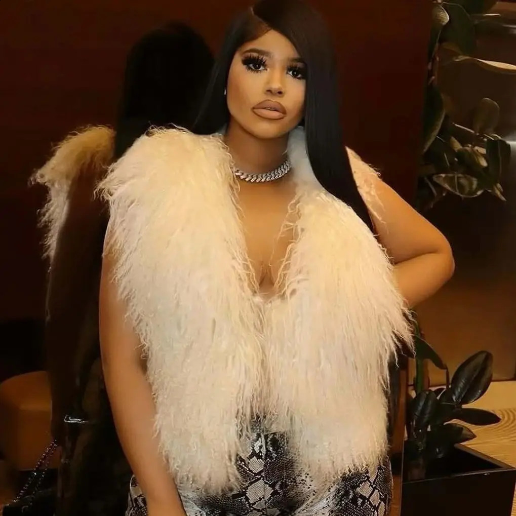 Fluffy Sexy Faux Mongolian Fur Halter Vests Women Solid Deep V-Neck Backless Bandage Sleeveless Jacket Top Outerwear Coat 250823