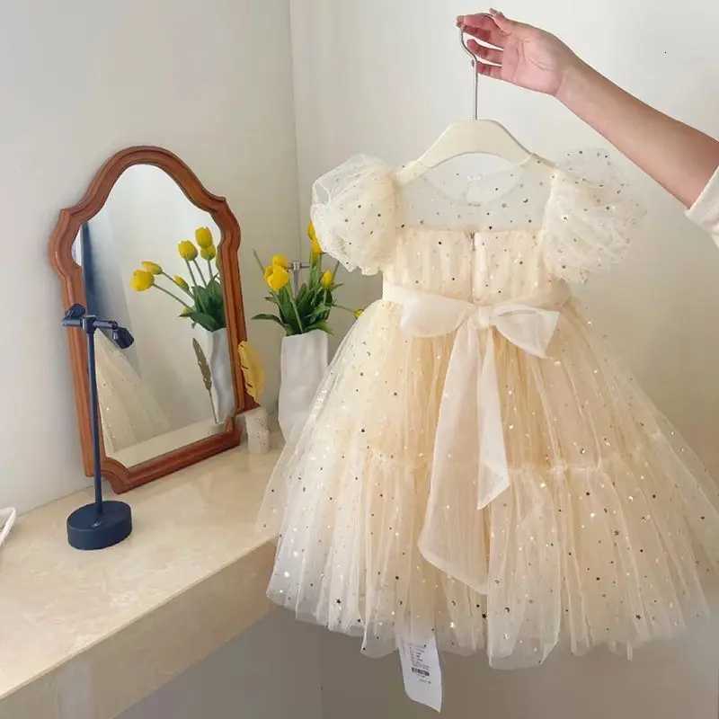 Korean princess dress high-end girls dress summer dress baby girls bubble sleeves mesh sequin dress trendy Z250904