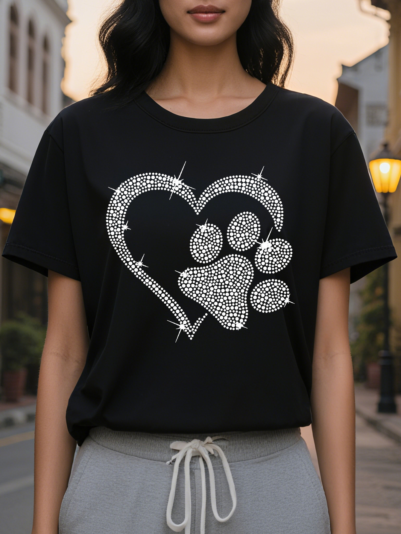 Heart Dog Paw Print T-Shirt Casual Short Sleeve Crew Neck Top Stylish All Season Women's Clothing