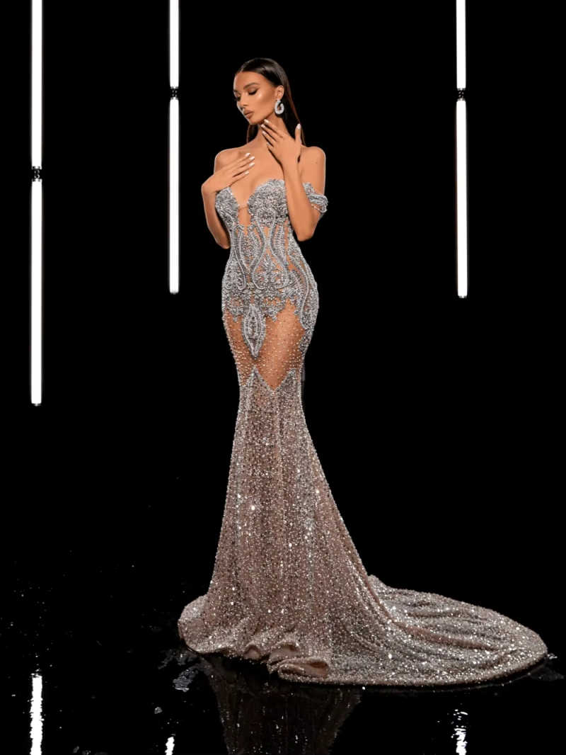 Luxury Beaded Evening Dresses Stunning Crytsal Mermaid Celebrity Party Dress Formal Prom Gown Customized Robes Gala