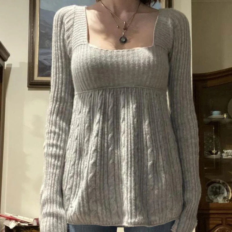 Vintage Babydoll Tops Pullovers Lady Aesthetic Coquette Knit Sweaters Outfit Autumn Square Neck Long Sleeve Knitwear Jumpers Y2k250903 - view 6