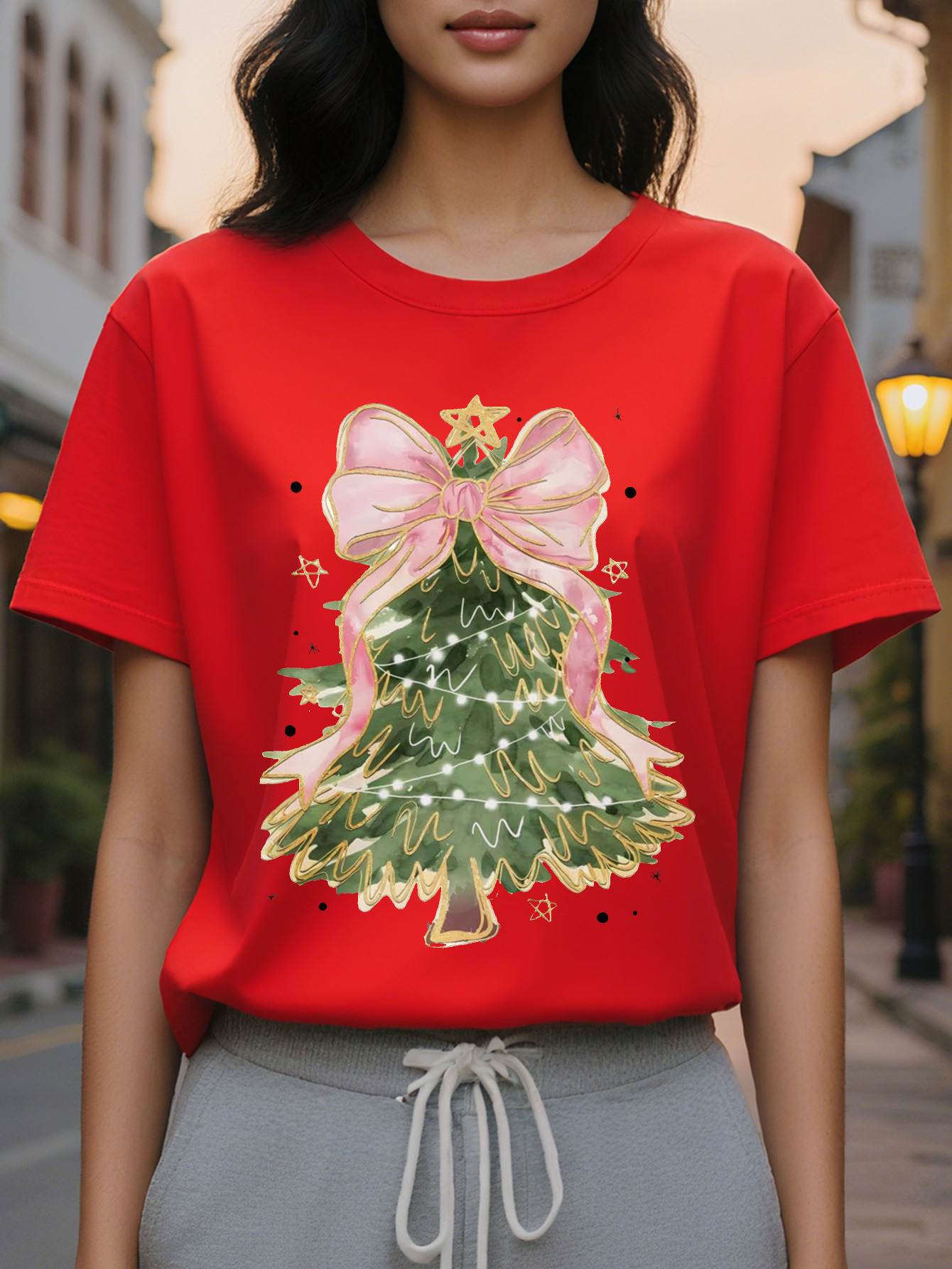 1 elegant women's Christmas tree T-shirt, round neck casual top, cotton mid-length seasonal graphic T-shirt