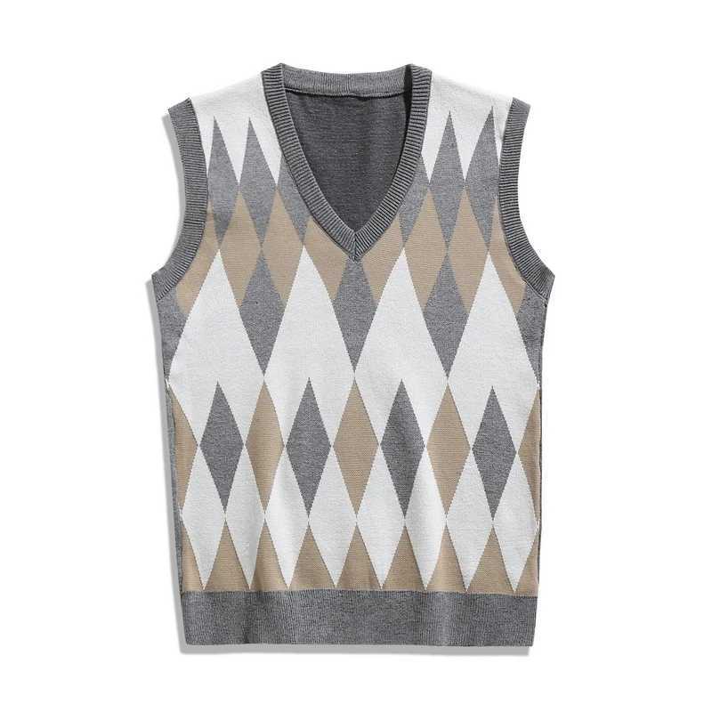 Korean Fashion VNeck Spliced Lattice Knitted Vest Sweaters Mens Clothing New 2025 Casual Plaid Pullover Sleeveless Coat MenXJ250904
