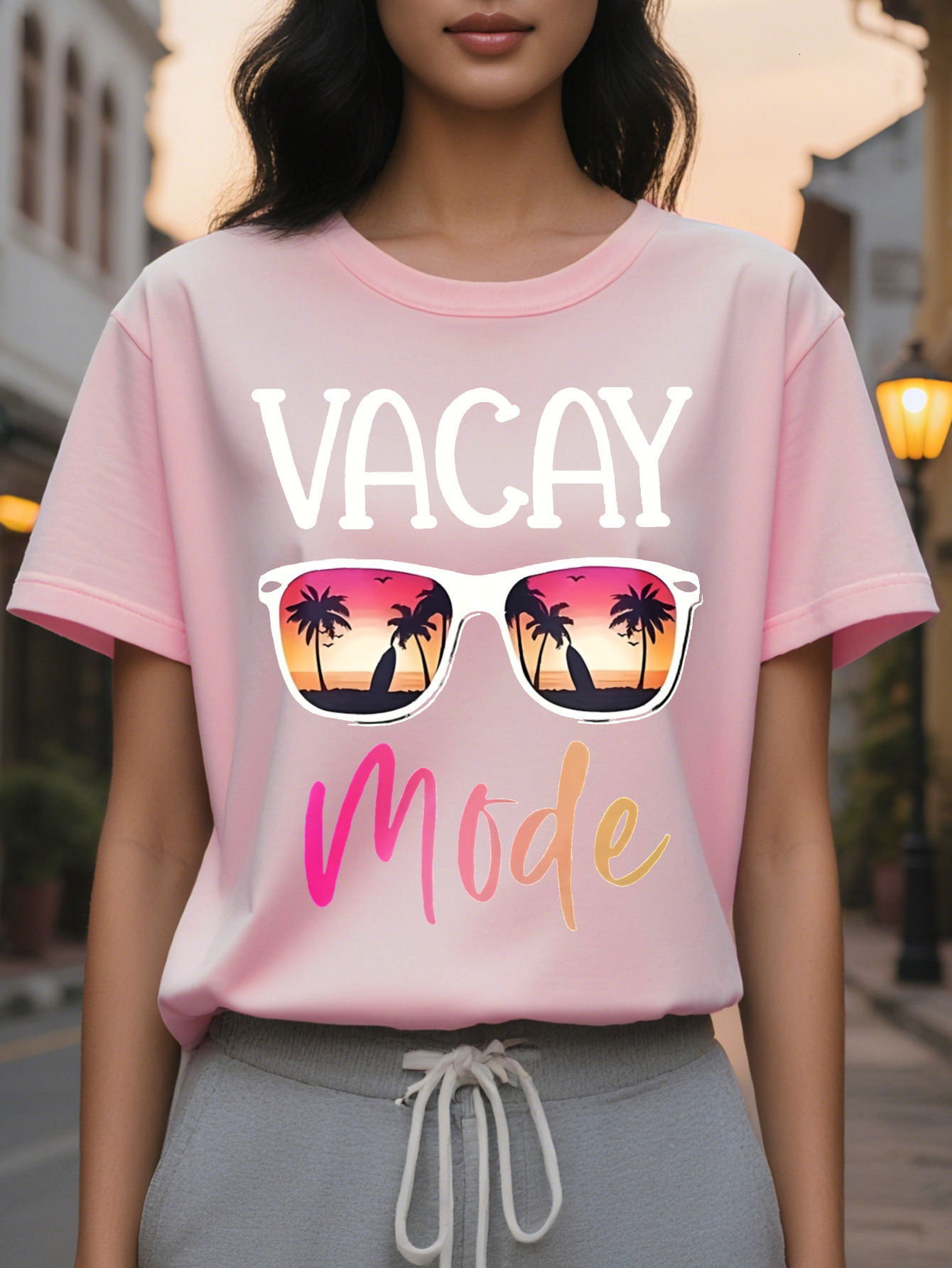 Black Women s Short Sleeve Crew Neck T-Shirt Tropical Palm Tree Sunset Graphic Print with Vacay Mode Text hine