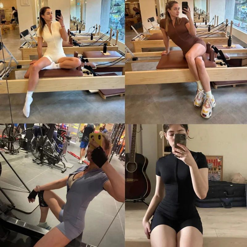 Zipper Dance Gym Jumpsuit Short Sleeve Playsuit Women Romper Sexy Yoga Fitness Overalls One Piece Sports Suit Workout Clothes 250904
