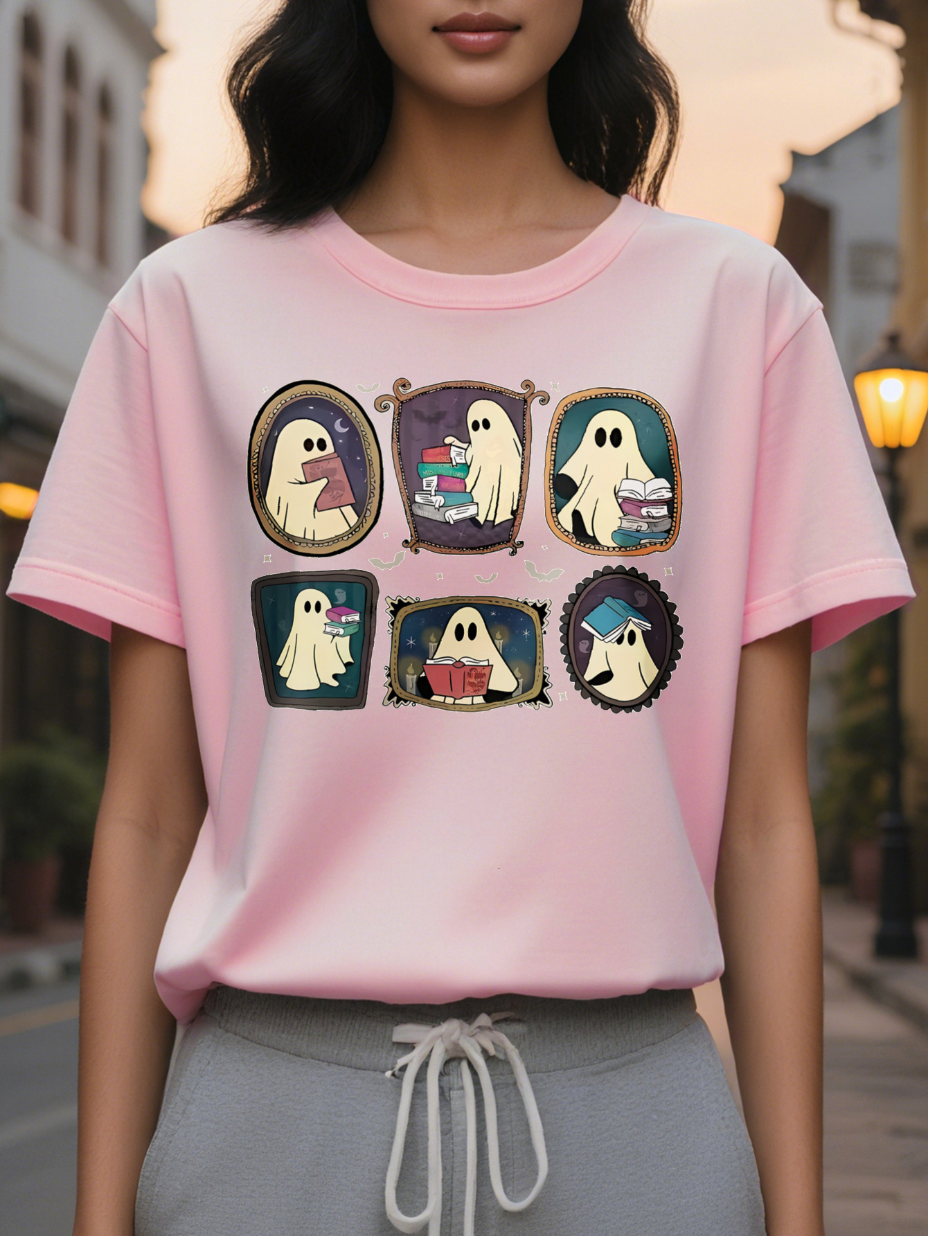 Large XL Women S Graphic T-Shirt Cute Ghosts in Grid Layout Dark Gray Casual Halloween Party Top Lightweight SpringSummer Tee Plus Size