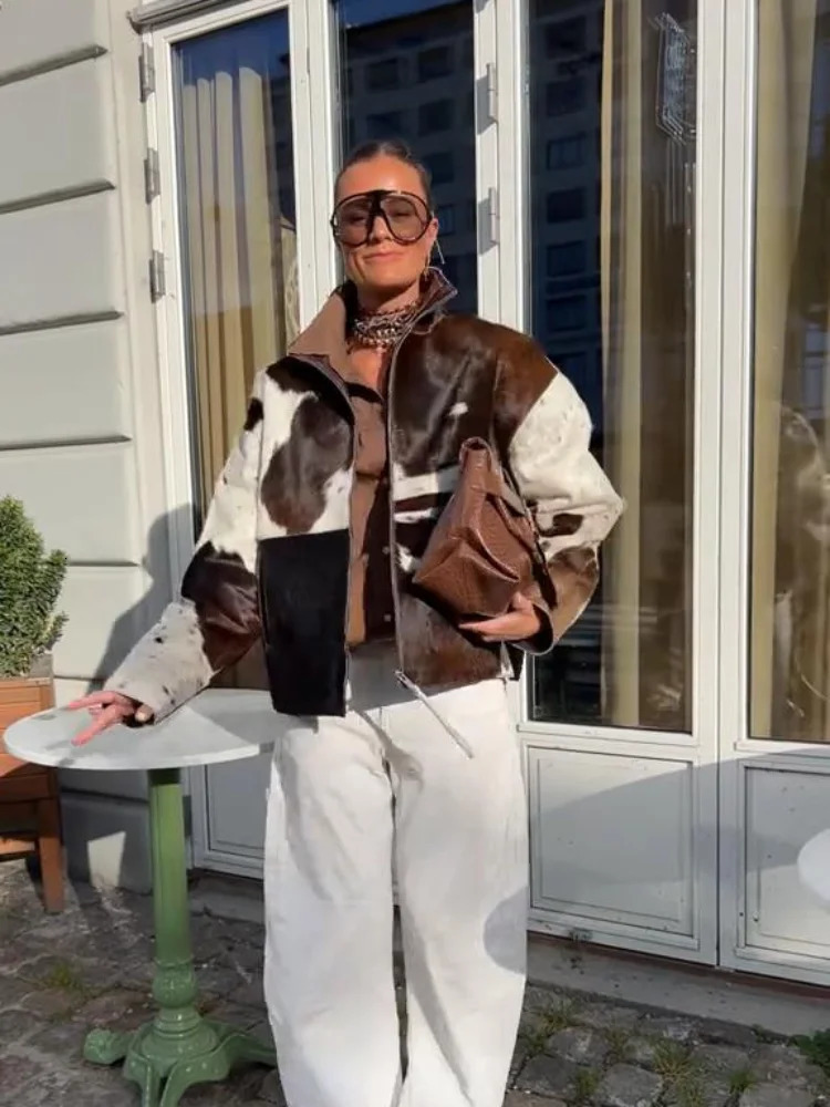 Cow Print Faux Fur Jacket Coat Women Oversized Zip Up Stand Collar Long Sleeve Vintage Streetwear Early Autumn Outerwear 250903