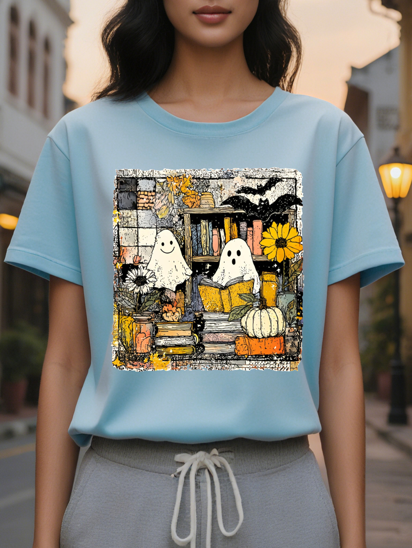 Large XL Women's T-Shirt Cute Print Short Sleeve Round Neck Top Spooky Bats Witches Pumpkins Cozy Autumn Colors in Orange Plus Size
