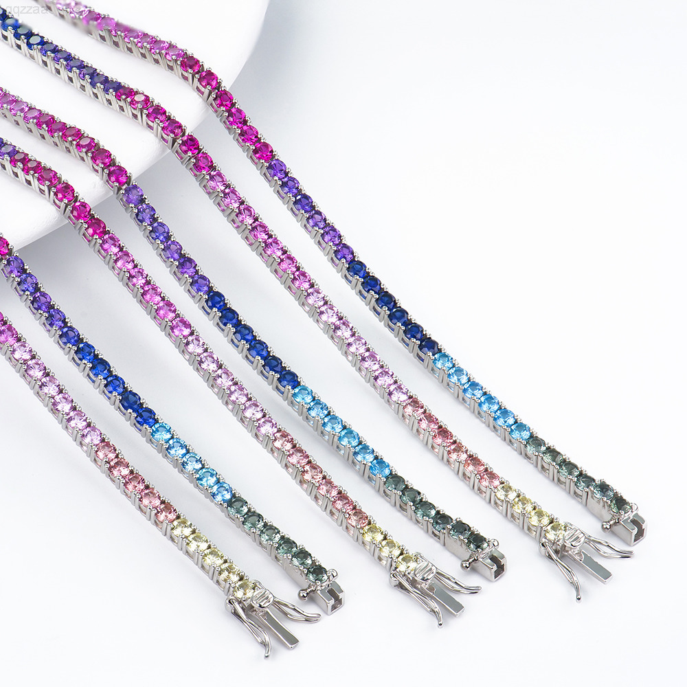 3mm Iced Out Rainbow Tennis Bracelet 925 Silver Colorful Stones Hip Hop Jewelry White Gold Plated 925 Sterling Silver Jewelry