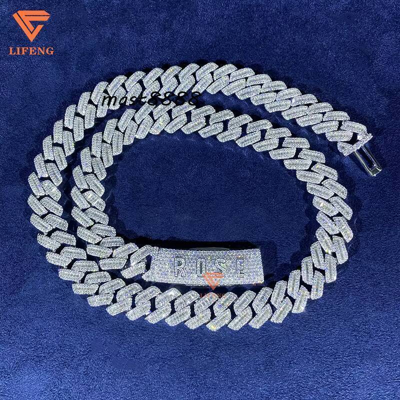 Custom Clasp Letter Fashion 925 Sterling Silver Cuban Link Chain 14mm Baguette Cut Moissanite White Gold Necklace