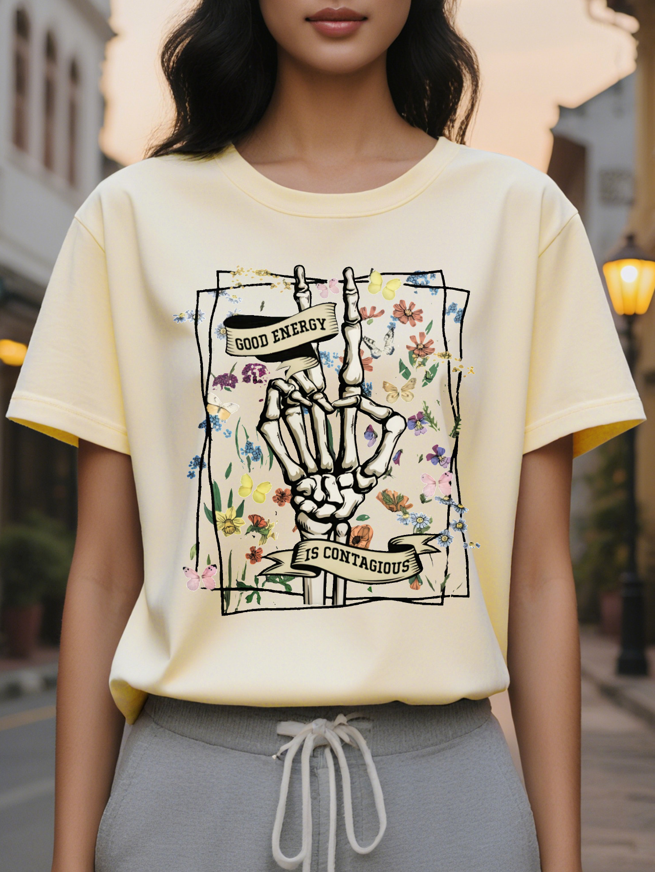 Large XL Women's Graphic T-Shirt Skeleton Hands Floral Back Dark Gray Everyday Halloween Party Tee Washable Casual Top Plus Size