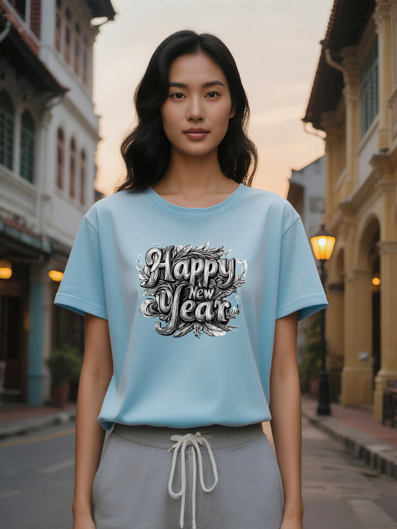 Large XL Lady Happy New Year Graphic T Shirt Knit Fabric Casual Crew Neck Regular Fit Slight Stretch Alphabet Pattern with Plus Size