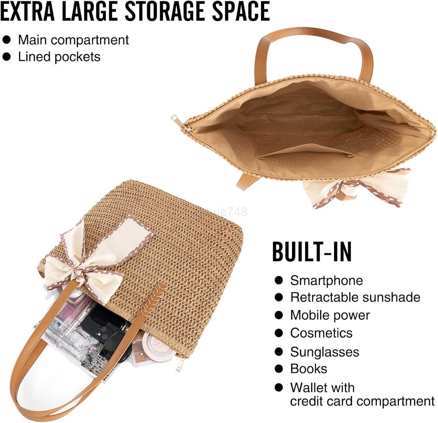 Large Straw Beach Bag Womens Handwoven Tote with Zipper Pocket 2025 Lightweight Summer Purse for Travel Work M250904