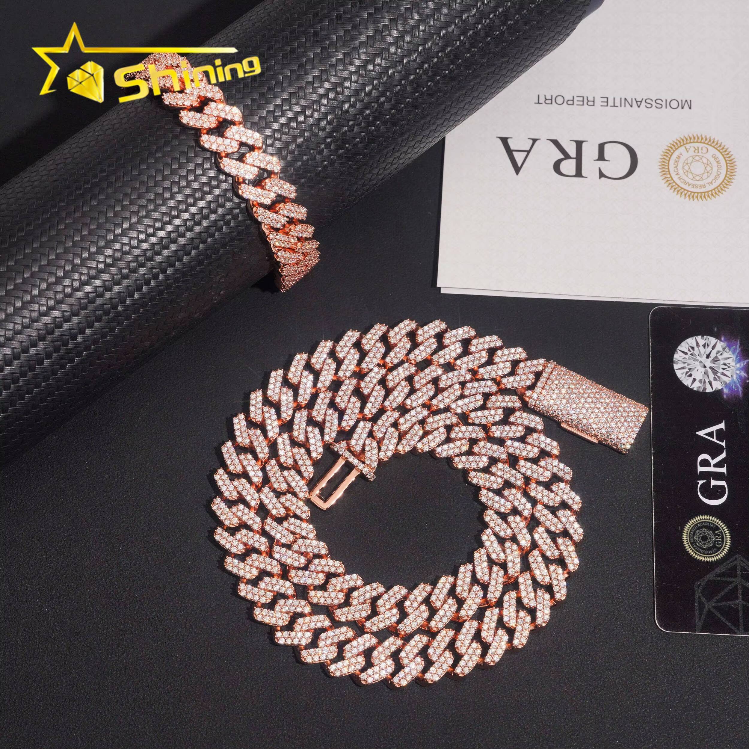 Hip Hop Jewelry Iced Out 925 Silver Rose Gold 125mm Two Rows Rounded Link VVS Moissanite Cuban Link Chain