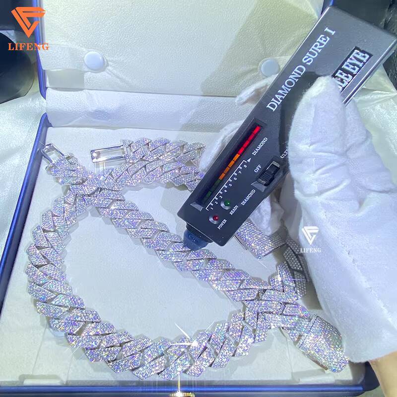 Hip Hop 15mm Moissanite Cuban Chain S925 Sterling Silver Custom Iced Out Moissanite Cuban Link Chain